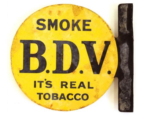 ADVERTISING. A ROUND ENAMEL SIGN PHILLIP'S GRAND CUT NEVER BURNS THE TONGUE SMOKE B.D.V IT'S REAL TOBACCO, DOUBLE SIDED, 37.5