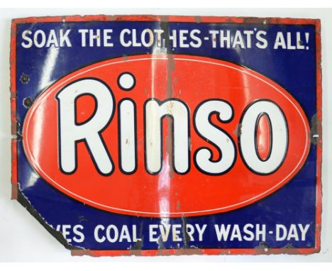 ADVERTISING. AN ENAMEL SIGN RINSO SOAK THE CLOTHES - THAT'S ALL! [SAVES] COAL EVERY WASH - DAY, 45 X 61CM, FIRST HALF 20TH C,