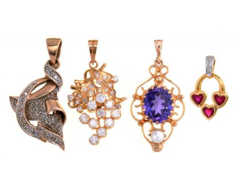 A RUBY AND DIAMOND PENDANT IN GOLD, MARKED 750, 1.1G, A DIAMOND PENDANT IN GOLD, MARKED 18K, 2.4G, AN AMETHYST AND PEARL PEND