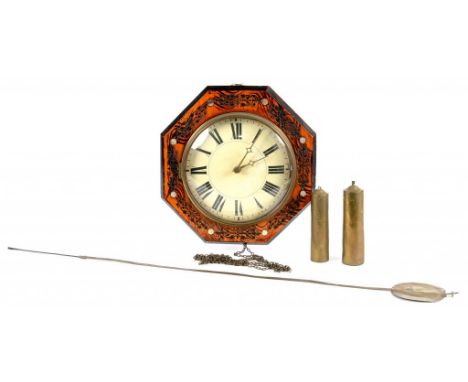 A GERMAN OCTAGONAL STAINED WOOD WALL CLOCK, WITH CREAM PAINTED DIAL AND BRASS HANDS, WOOD POSTED MOVEMENT SURMOUNTED BY A BEL