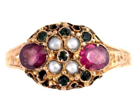 A VICTORIAN RUBY AND SPLIT PEARL RING IN 15CT GOLD, MAKER'S MARK FD, BIRMINGHAM 1882, 1.8G, SIZE T++GOOD CONDITION