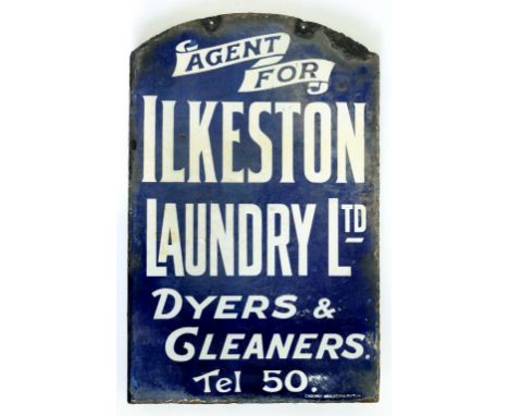 ADVERTISING. AN ENAMEL SIGN BY CHROMO WOLVERHAMPTON, AGENT FOR ILKESTON LAUNDRY LIMITED DYERS & CLEANERS TEL 50, DOUBLE SIDED