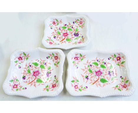 THREE SCARCE JOHN DENTON BAXTER GADROONED WHITE EARTHENWARE DESSERT DISHES, DECORATED WITH CHINESE FLOWERS, LARGEST 26.5CM W,