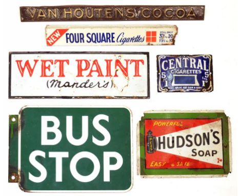 ADVERTISING. SIX VARIOUS ENAMEL OR EMBOSSED SIGNS AND NOTICES, INCLUDING BUS STOP, 23 X 30CM, EARLY AND MID 20TH C