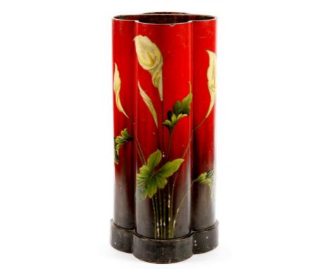 A VICTORIAN PAINTED METAL STICK STAND, C1890, WITH LILIES ON A SHADED RED GROUND, 62CM H++MINOR SCRATCHES AND CHIPS TO DECORA