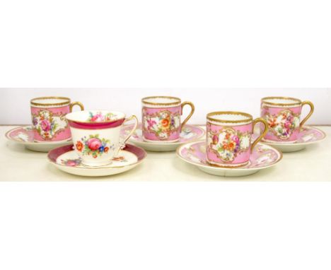 A SET OF FOUR CONTINENTAL PORCELAIN PINK GROUND COFFEE CANS AND SAUCERS, PAINTED WITH FLOWERS, GILT DENTIL RIM, SAUCER 12CM D