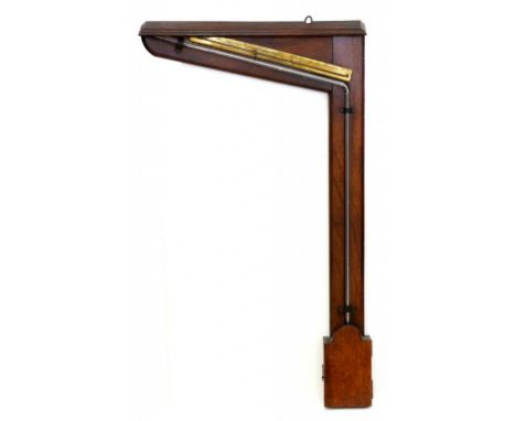 A MAHOGANY AND BRASS MOUNTED ANGLE BAROMETER WITH EXPOSED TUBE, 85 X 48CM, LATE 19TH / EARLY 20TH C