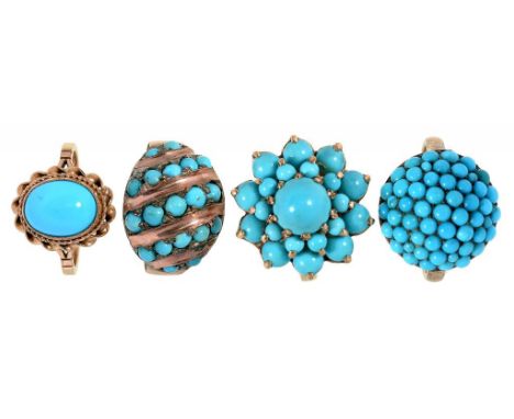 FOUR TURQUOISE RINGS IN GOLD, TWO MARKED 9CT, OTHERS UNMARKED, 17.7G, SIZES K, N, O, P ++GOOD CONDITION - SLIGHT WEAR TO INSI