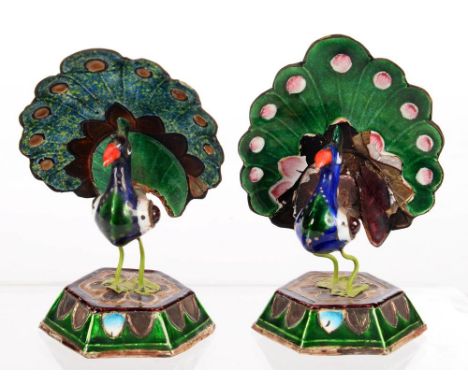 TWO INDIAN MINIATURE SILVER AND ENAMEL MODELS OF A PEACOCK, 7CM H, CIRCA EARLY 20TH C