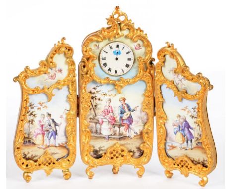 A CONTINENTAL GILTMETAL AND PAINTED ENAMEL TIMEPIECE IN THE FORM OF A SCREEN, INSET WITH CYLINDER WATCH MOVEMENT AND ENAMEL D