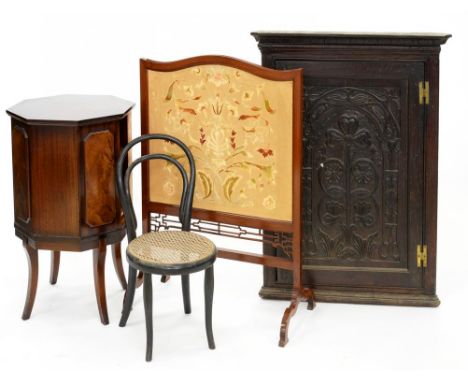 A VICTORIAN CARVED OAK CORNER CUPBOARD, AN EARLY 20TH C MAHOGANY FIRE SCREEN WITH EMBROIDERED PANEL, ETC