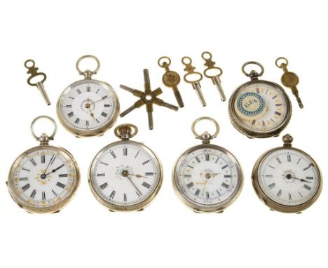 SIX VARIOUS SILVER KEYLESS AND KEY WOUND FOB WATCHES WITH ENAMEL DIAL, ALL CIRCA 1900