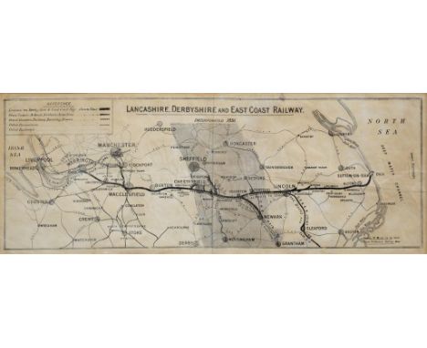 A PLAN OF THE LANCASHIRE, DERBYSHIRE AND EAST COAST RAILWAY LITHOGRAPH, 16 X 44CM, LATE 19TH C, FRAMED AND A MAP OF THE GREAT