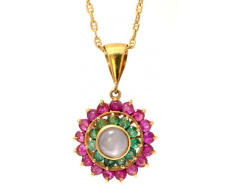 A STAR SAPPHIRE, EMERALD AND RUBY PENDANT IN GOLD, MARKED 750, 6.5G, ON A 9CT GOLD NECKLET, 46CM L, 1.6G++GOOD CONDITION