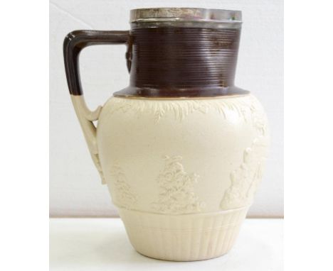 A TURNER SILVER MOUNTED FINE WHITE STONEWARE HUNTING JUG, THE NECK AND UPPER PART OF THE HANDLE GLAZED CHOCOLATE BROWN, 21CM 