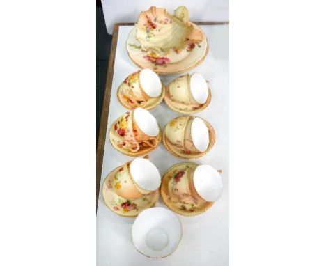 A ROYAL WORCESTER GADROONED TEA SERVICE, PRINTED AND PAINTED WITH NATURALISTIC FLOWER SPRAYS ON A SHADED APRICOT GROUND AND A