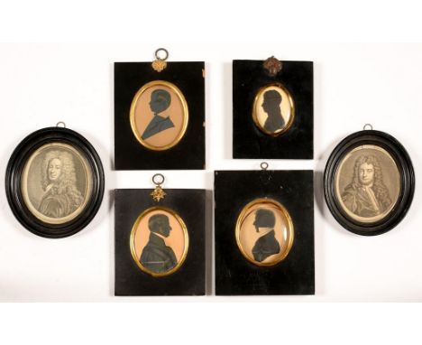 FOUR EARLY 19TH C ENGLISH SILHOUETTES, ONE OF A CLERGYMAN, TWO CUT PAPER, TWO PAINTED AND TWO 18TH C OVAL PORTRAIT ENGRAVINGS