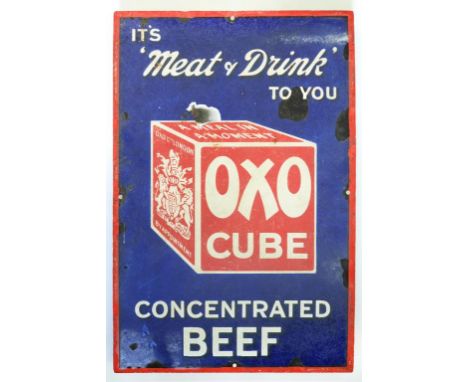 ADVERTISING. A PICTORIAL ENAMEL SIGN IT'S "MEAT & DRINK" TO YOU OXO CUBE CONCENTRATED BEEF, 47 X 31CM, SECOND QUARTER 20TH C