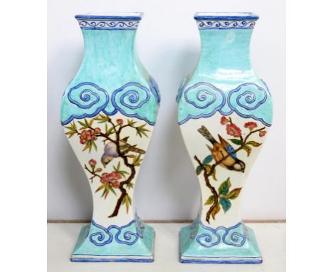 A PAIR OF GIEN EARTHENWARE 'CHINESE' VASES OF RECTANGULAR SECTION, PAINTED IN THE BARBORTINE MANNER WITH BIRDS ON BRANCHES RE