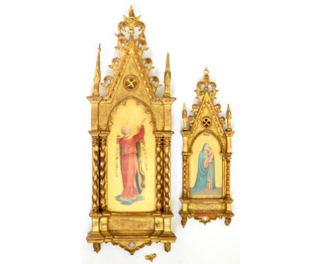 TWO FLORENTINE GOTHIC STYLE GILT PICTURE FRAMES CONTAINING CONTEMPORARY WATERCOLOUR OF AN ANGEL OR LITHOGRAPH OF THE VIRGIN A