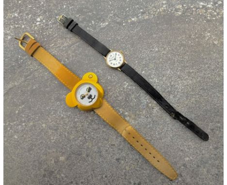 A Steiff Teddys Watch novelty dress watch - gold anodised case with tan leather strap (not running, quartz movement battery r