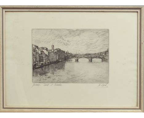 Four signed etchings, comprising -
1. Three of views of Florence, mid-20th century, signed indistinctly and inscribed, 6&frac