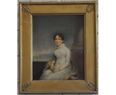 18th cent early 19th cent portrait of "Young lady wearing a white dress", oil on panel, framed, restoration to face area 38 c