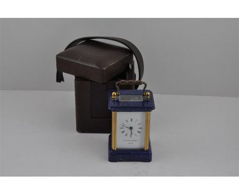 A Matthew Norman (London)&nbsp;blue enamelled brass carriage clock, having white enamel Roman numeral dial, case top and base