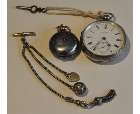 A Victorian silver fob watch by Stroub (Treorky), having white enamel Roman numeral dial with subsidiary seconds dial, moveme