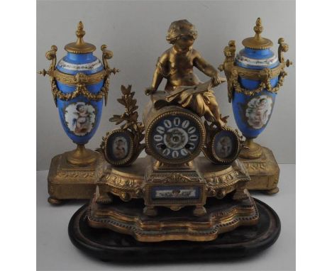 A French gilt spelter mounted Sevres style clock and garniture, late 19th century, bell strike movement, having painted porce