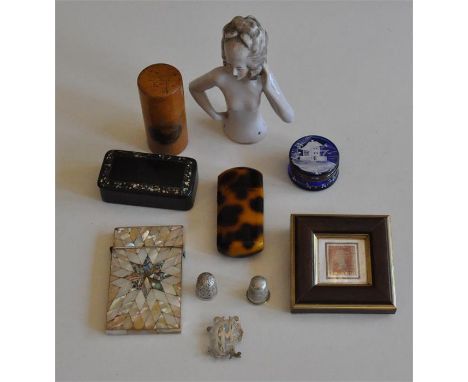 A mixed collection to include boxes, Portrait miniature by Henry Wyvies 1917-1934 , penny red , visiting card case snuff boxe