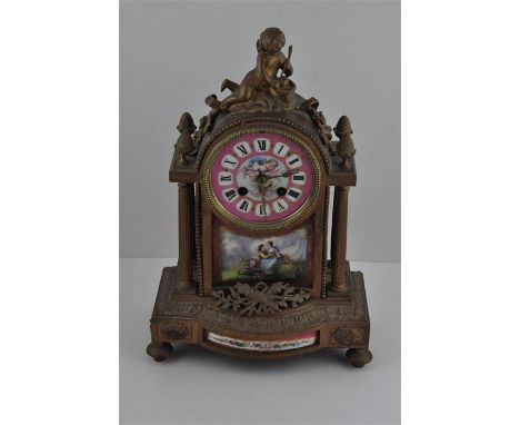 A Sevres mantle clock,&nbsp;late 19th century, having gilt heightened pink Roman numeral chapter ring decorated with putti to