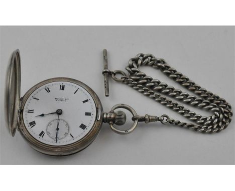 A Hinds Ltd. silver half hunter pocket watch and chain, having white enamel Roman numeral dial with subsidiary seconds dial, 