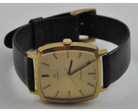 An Omega gentleman's wristwatch, of convex sided square form, manual movement, gilt baton dial, on leather strap with gold pl