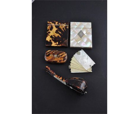 A collection of tortoiseshell and mother of pearl collectables, to include a small leather and tortoiseshell purse, of rectan