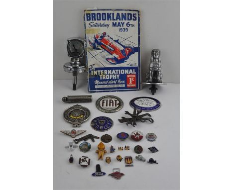 Motoring interest Brooklands 1939 catalogue, plus chrome car mascots and badges including Fiat, Morris Cowley, Auto cycle uni