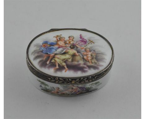 A finely painted silver mounted porcelain table top snuff box, 18th century, probably by Meissen, of ovoid form, sides painte