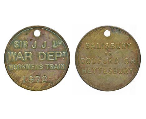 Brass Pass, face inscribed SIR JJ Ltd WAR DEPt  Workmens Train number 1972 ,  The obverse shows SALISBURY to CODFORD or HEYTE