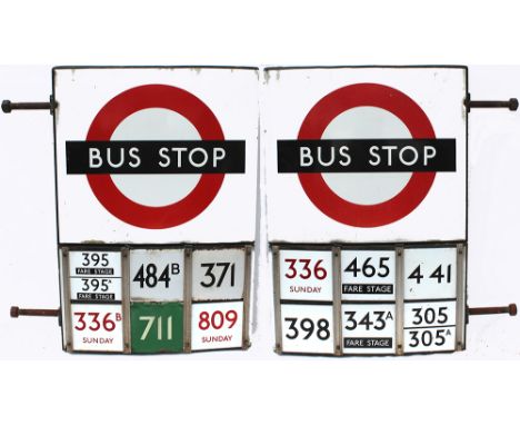 London Transport Enamel Bus Stop, double sided with the following slide in/slide out E plates: 395 and 395A Fare Stage; 484B;