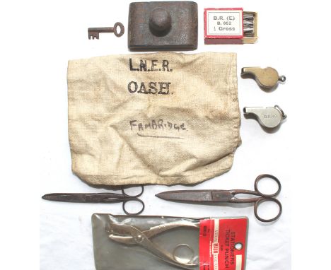 Miscellany comprising: LNER thin canvas Cash Bag with FANBRIDGE written below; BR(E) box of Pen Nibs containing approximately