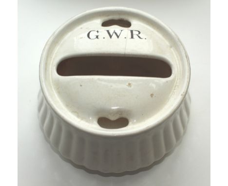 GWR china Paste Pot measuring 6in diameter. Block company initials on the top, it has a crack between the W and R and a glazi