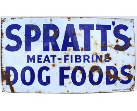 Advertising Enamel SPRATTS MEAT FIBRINE DOG FOODS made by Wood &amp; Penfold Ltd. Measuring 18in x 10in.