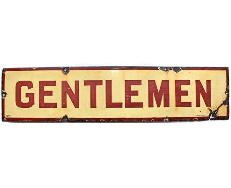 NER enamel Doorplate GENTLEMEN. Brown on cream ground, larger, rectangular style, manufactured by Patent Enamel Co Ltd Birmin