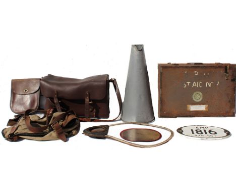 Miscellany comprising: Leather Driver's Bag; Leather Pouch; Canvas Holdall; GER Megaphone; Tyers Tablet Hoop; BR First Aid Bo