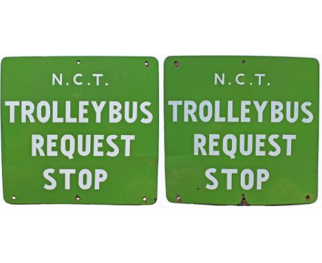 Nottingham City Transport Trolley Bus Request Stop enamel sign, double sided measuring 15.75in x 15in. Extremely good conditi