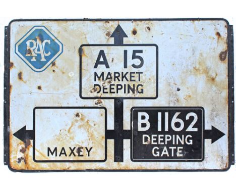 RAC Enamel Road Sign, triple destination type showing A15 MARKET DEEPING; B1162 DEEPING GATE; MAXEY. As 	removed condition me