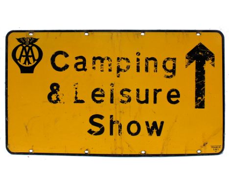 AA enamel Roadsign with painted face showing Camping &amp; Leisure Show with up facing (ahead) arrow. Made by Franco, 30in x 