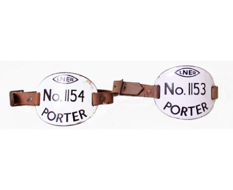 LNER enamel Armbands, quantity 2, one numbered 1153, the other 1154. Both in extremely good condition and complete with leath
