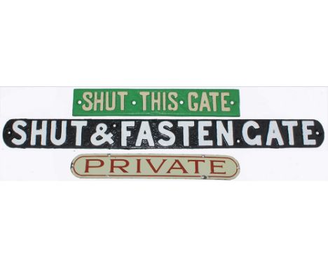 SR CI Shut This Gate together with an LMS Shut &amp; Fasten Gate and a Post Office enamel PRIVATE. (3 items)