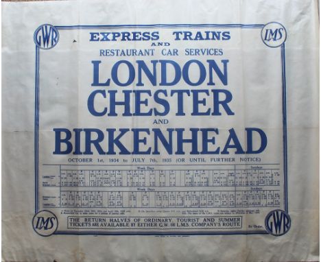 LMS/GWR Q/R Timetable Poster Express Trains and Restaurant Car Services London, Chester and Birkenhead, October 1st 1934 to J